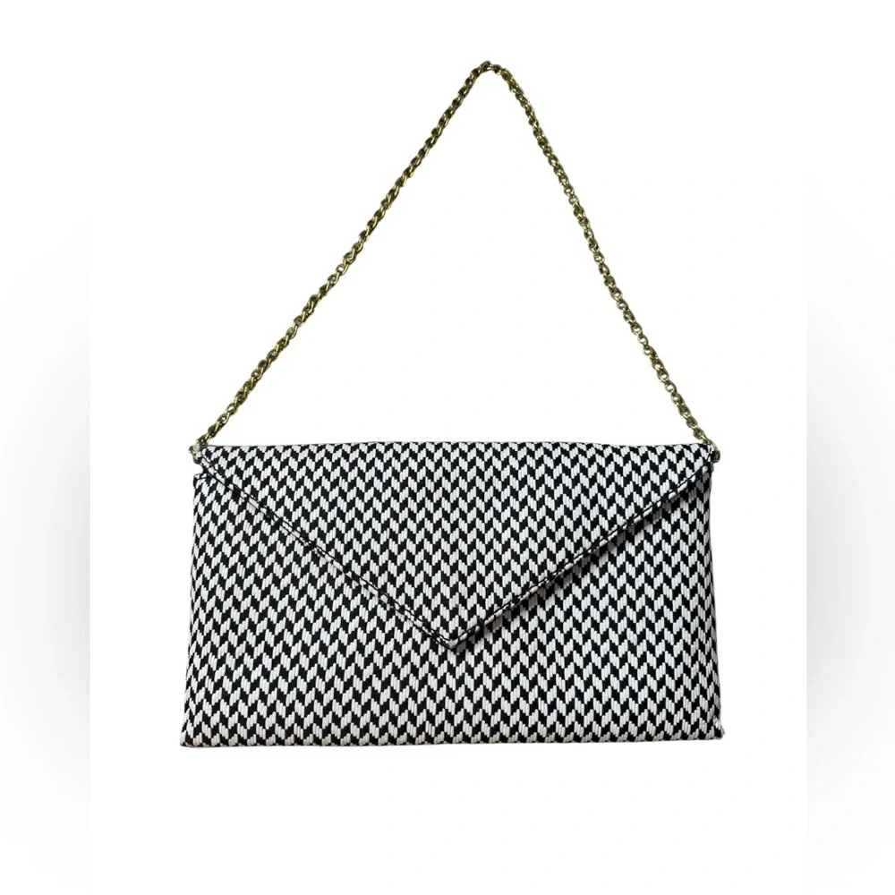 J Crew Black White Woven Envelope Clutch Gold‎ Chain